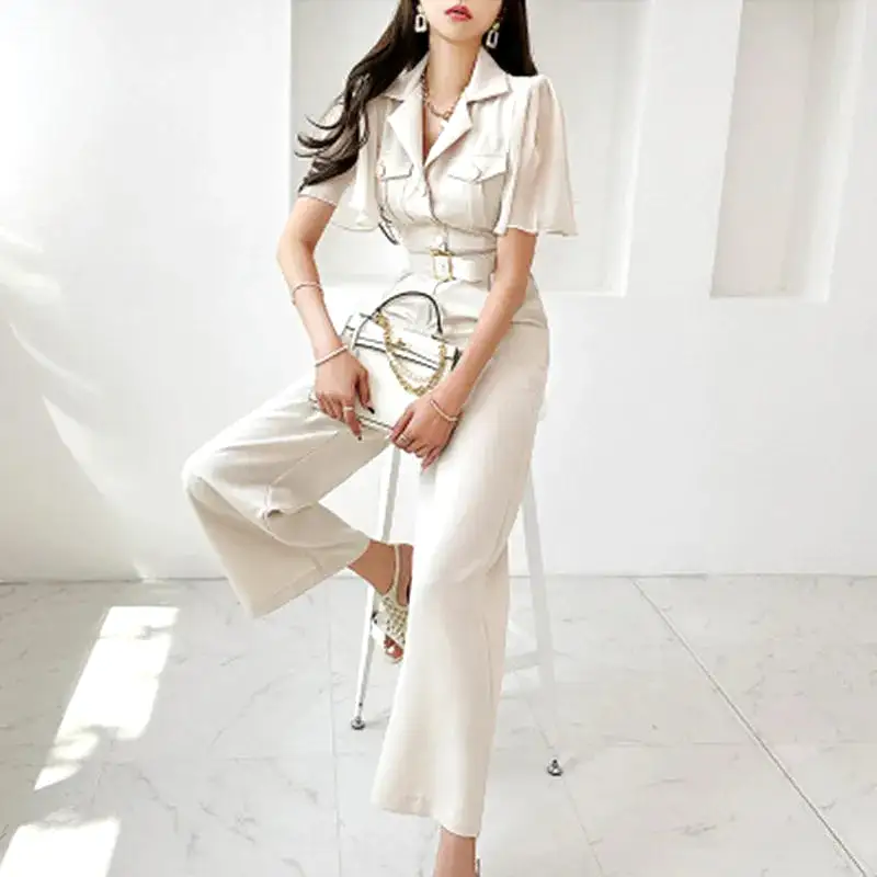 Ashore Shop Slim Waist Summer Jumpsuits  Short Sleeves Pocket Wide Leg