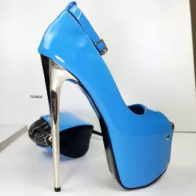 Baby Blue Snake Print Detail Ankle Strap Metallic Heels