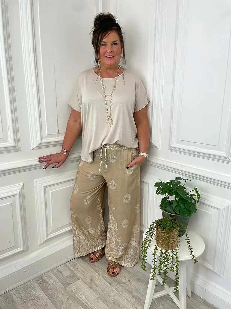 Baroque Wide Leg Trousers - Sand