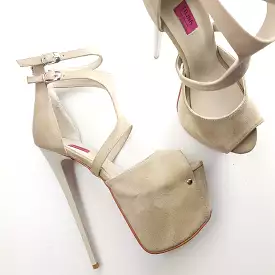 Beige Nude Suede Ankle Strap Peep To Heels