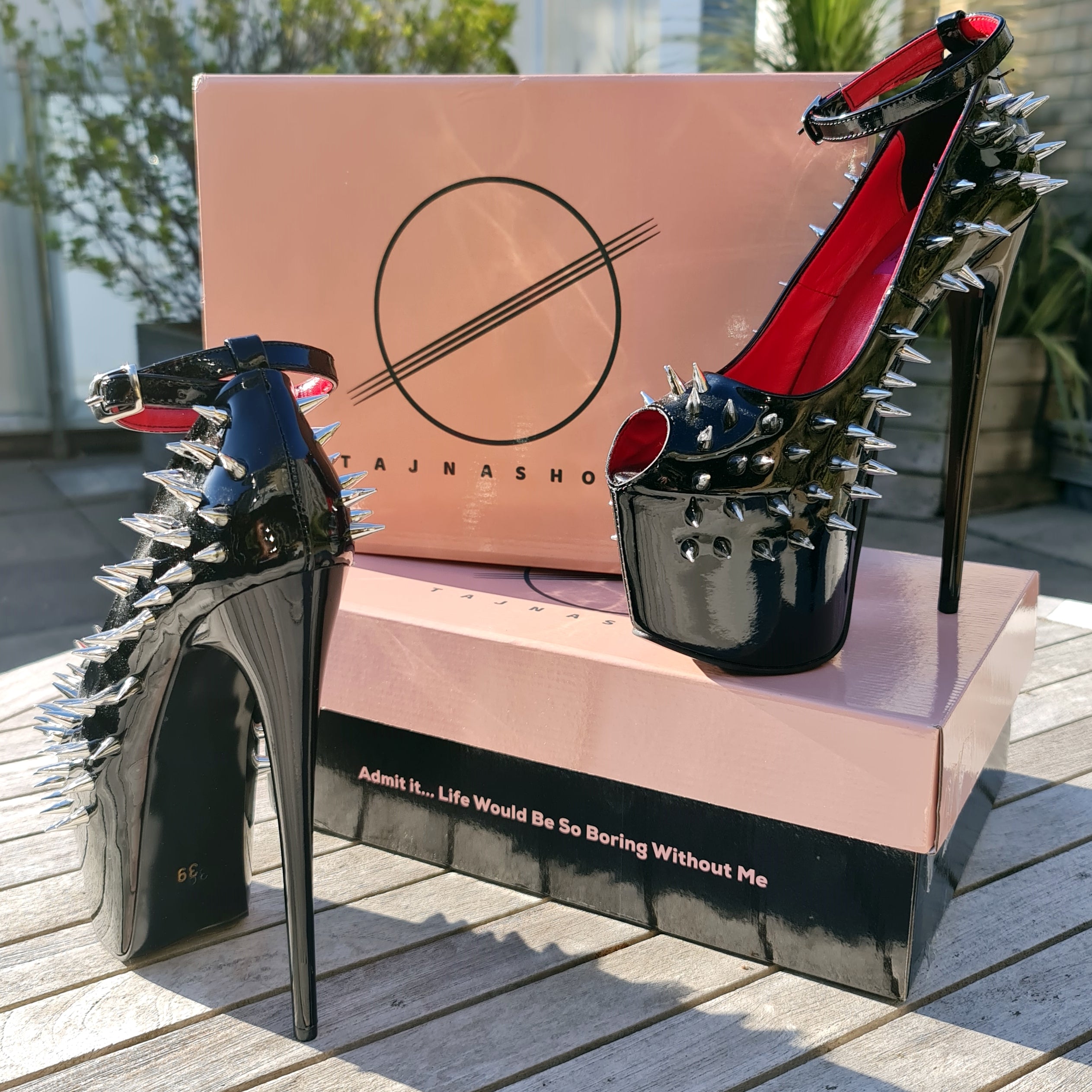 Black  Gloss Spike Studded Ankle Strap Heels