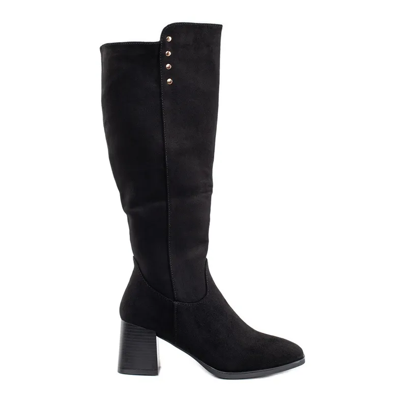 Black suede high-heeled boots