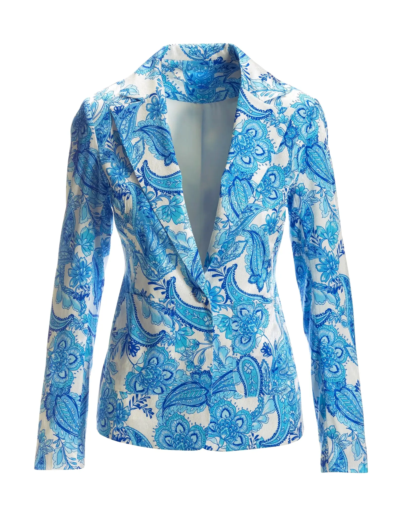 Blue Wave Paisley Print Single-Button Textured Satin Blazer Blue