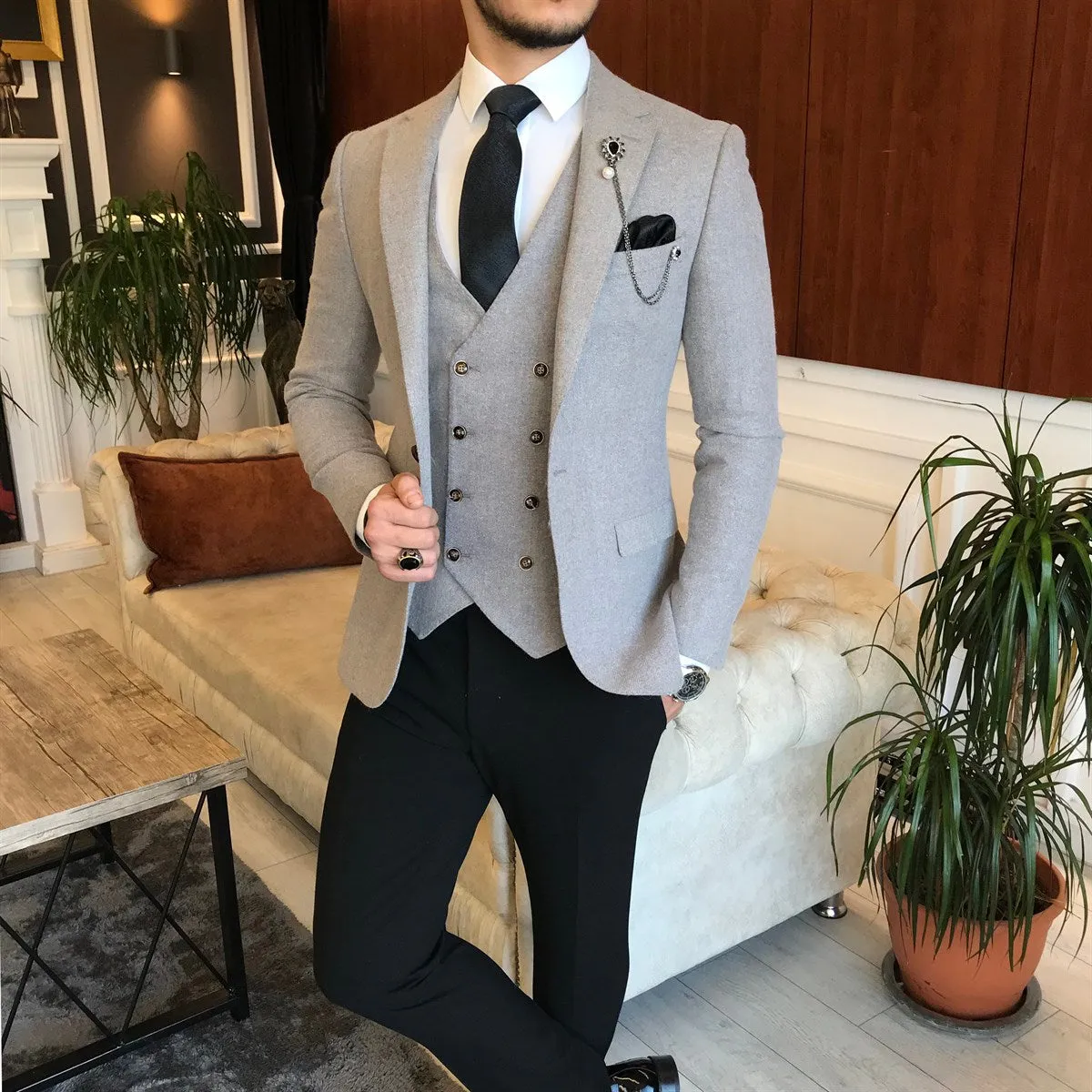 Bojoni Grey Slim-Fit Suit 3-Piece