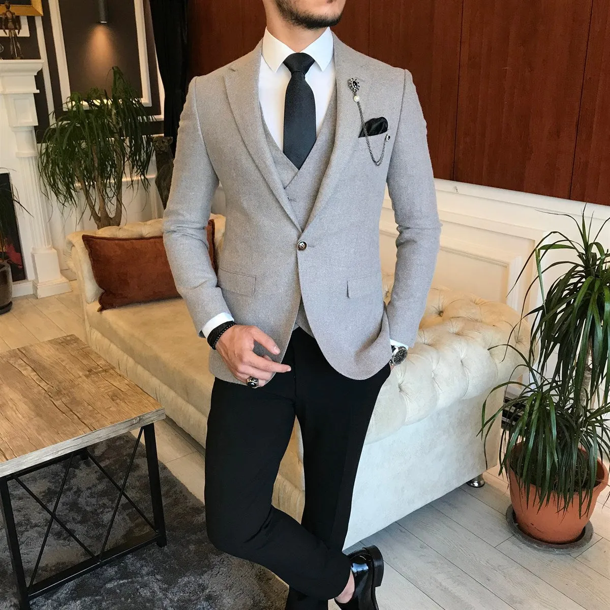 Bojoni Grey Slim-Fit Suit 3-Piece