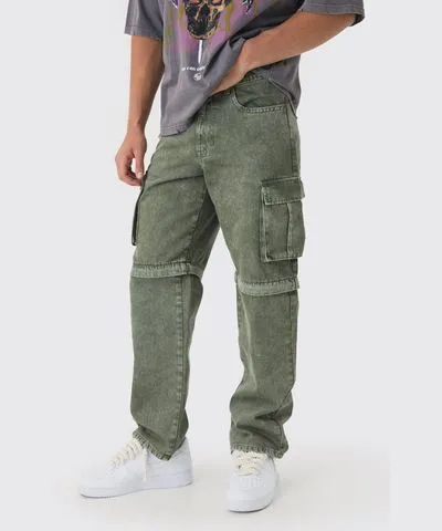 boohoo Mens Relaxed Acid Wash Zip Off Twill Cargo Pants