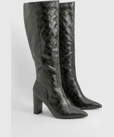 boohoo Womens Woven Detail Block Heeled Knee High Boots