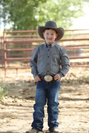 BOY'S MATCH DAD MEDALLION PRINT BUTTON-DOWN WESTERN SHIRT