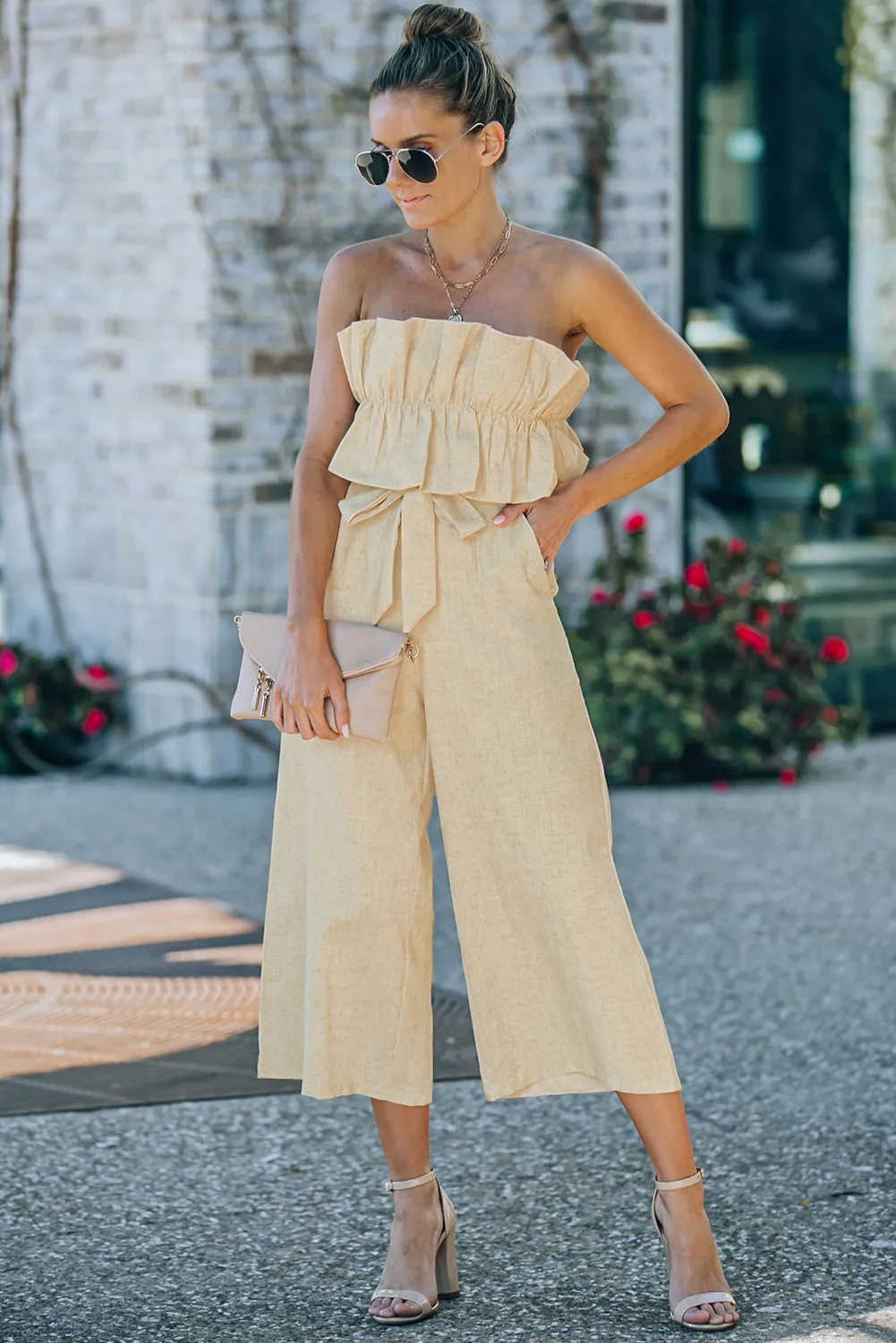 CELINE Ruffled Strapless Wide Leg Casual Jumpsuit Womens