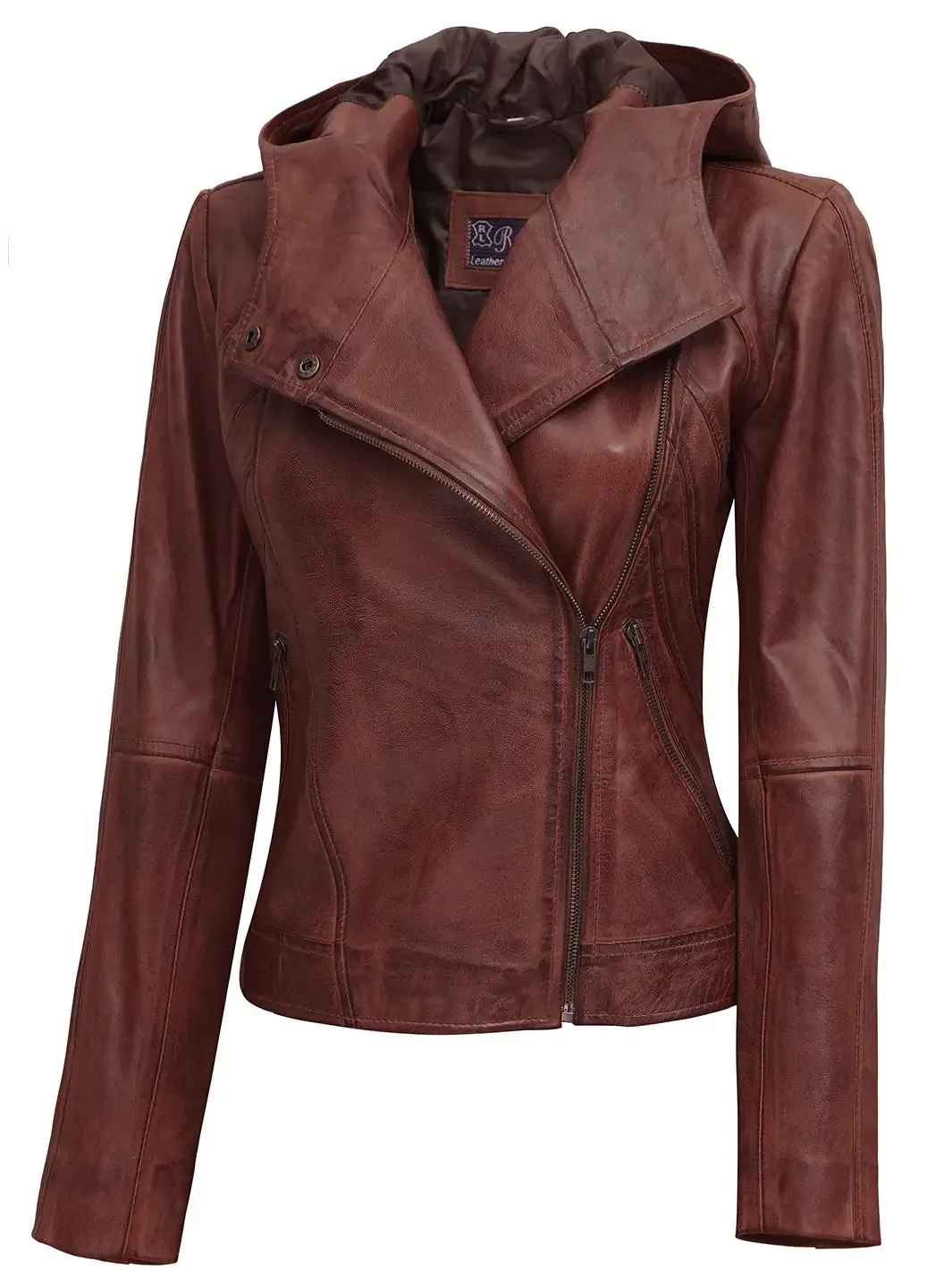 Cidra Women Asymmetrical Brown Hooded Leather Jacket