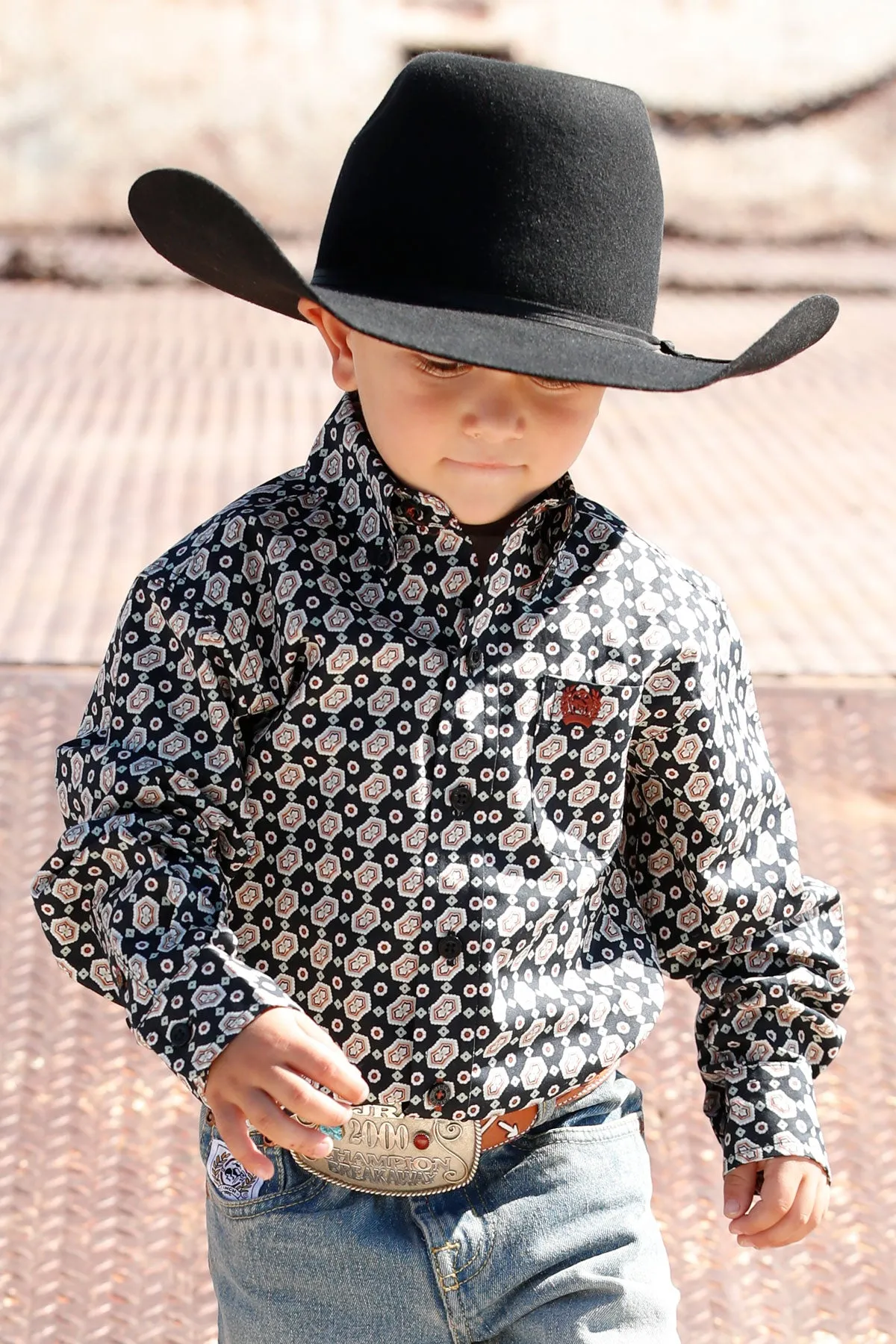 Cinch Boy's Match Dad Black and Khaki Medallion Print Western Shirt