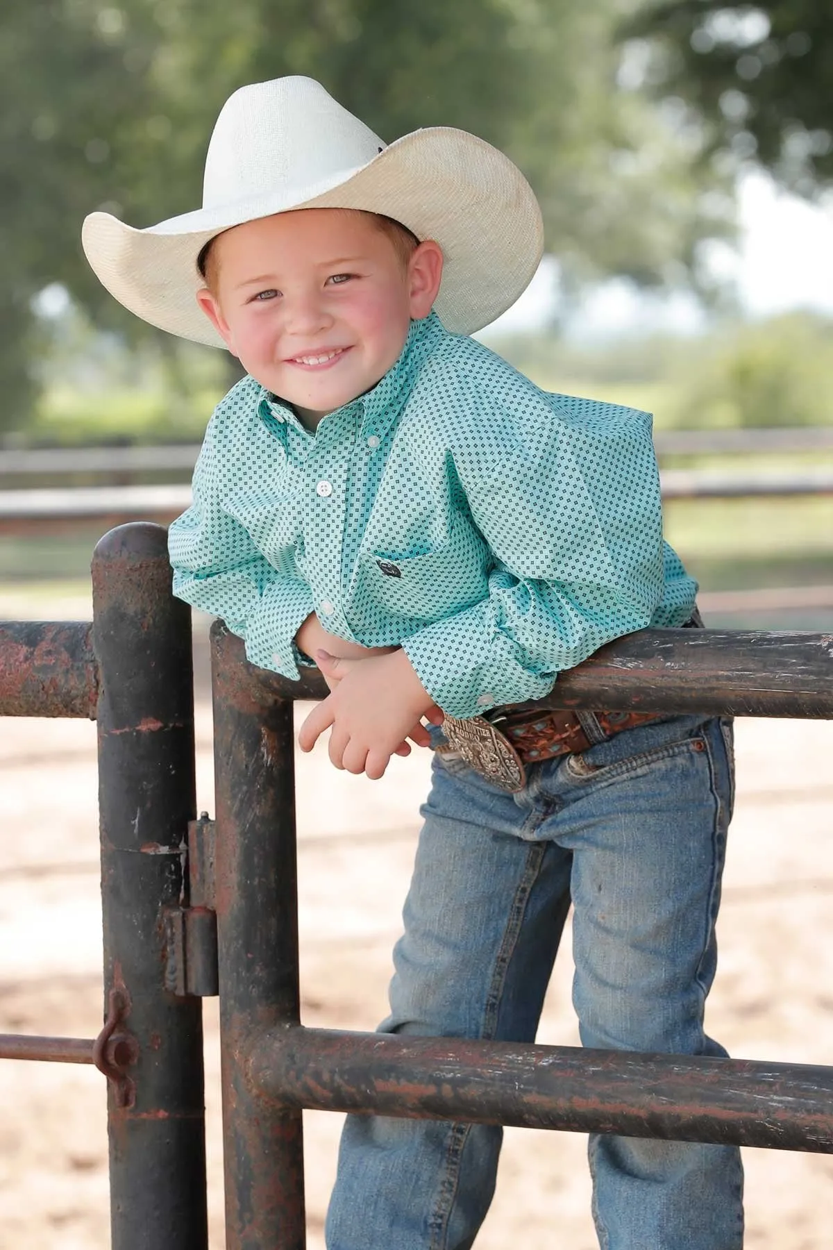 Cinch Boys Match Dad Geometric Print Button Down Western L/S Shirt - Light Blue - MTW7060343