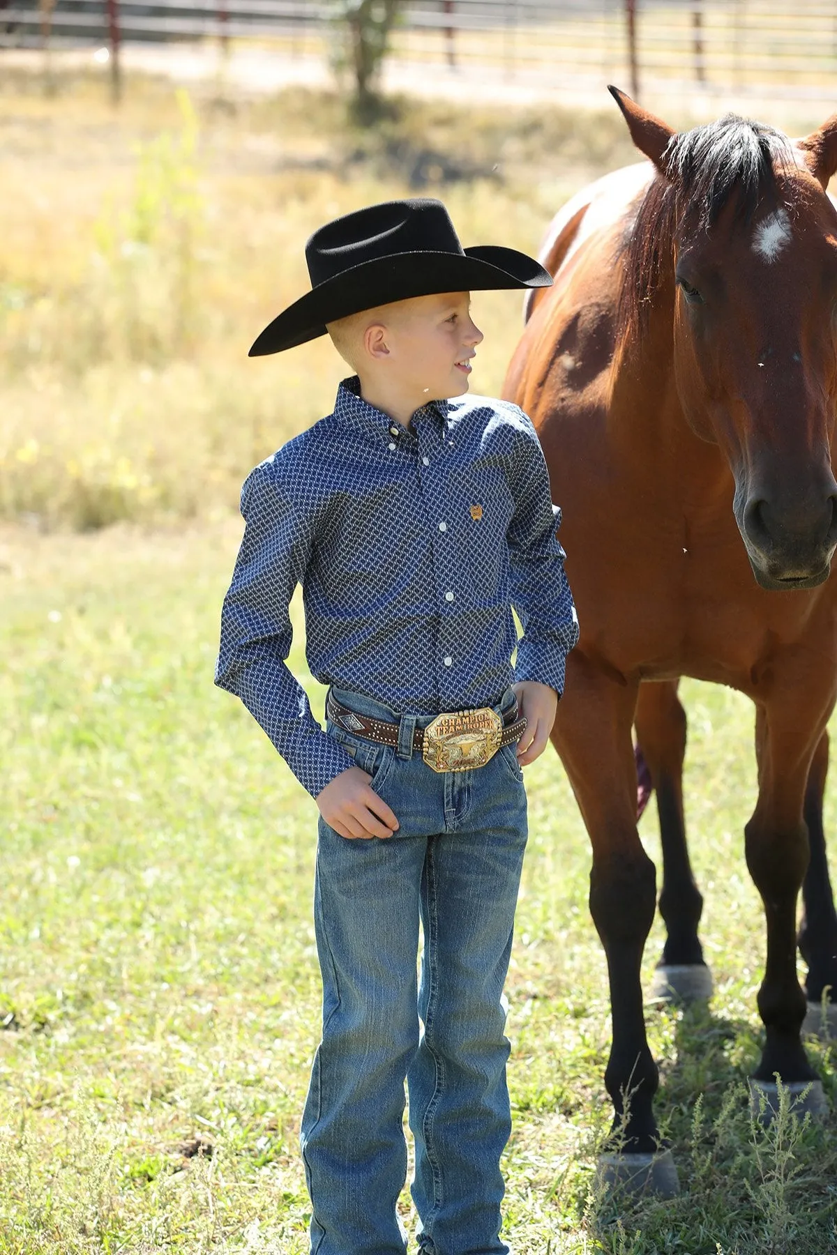 Cinch Boys Match Dad Medallion Print Button Down Western L/S Shirt - Royal Blue - MTW7060293