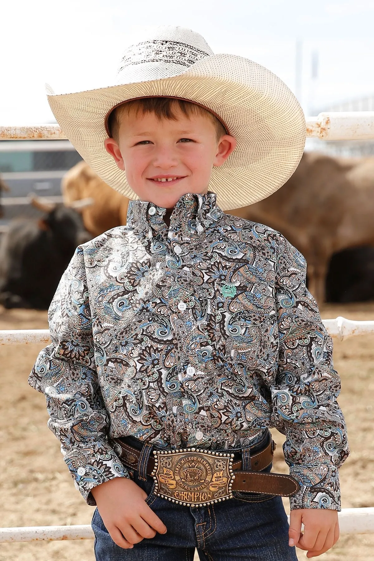 Cinch Boys Match Dad Paisley Print Button Down Western L/S Shirt - Blue/Green/Brown - MTW7060309