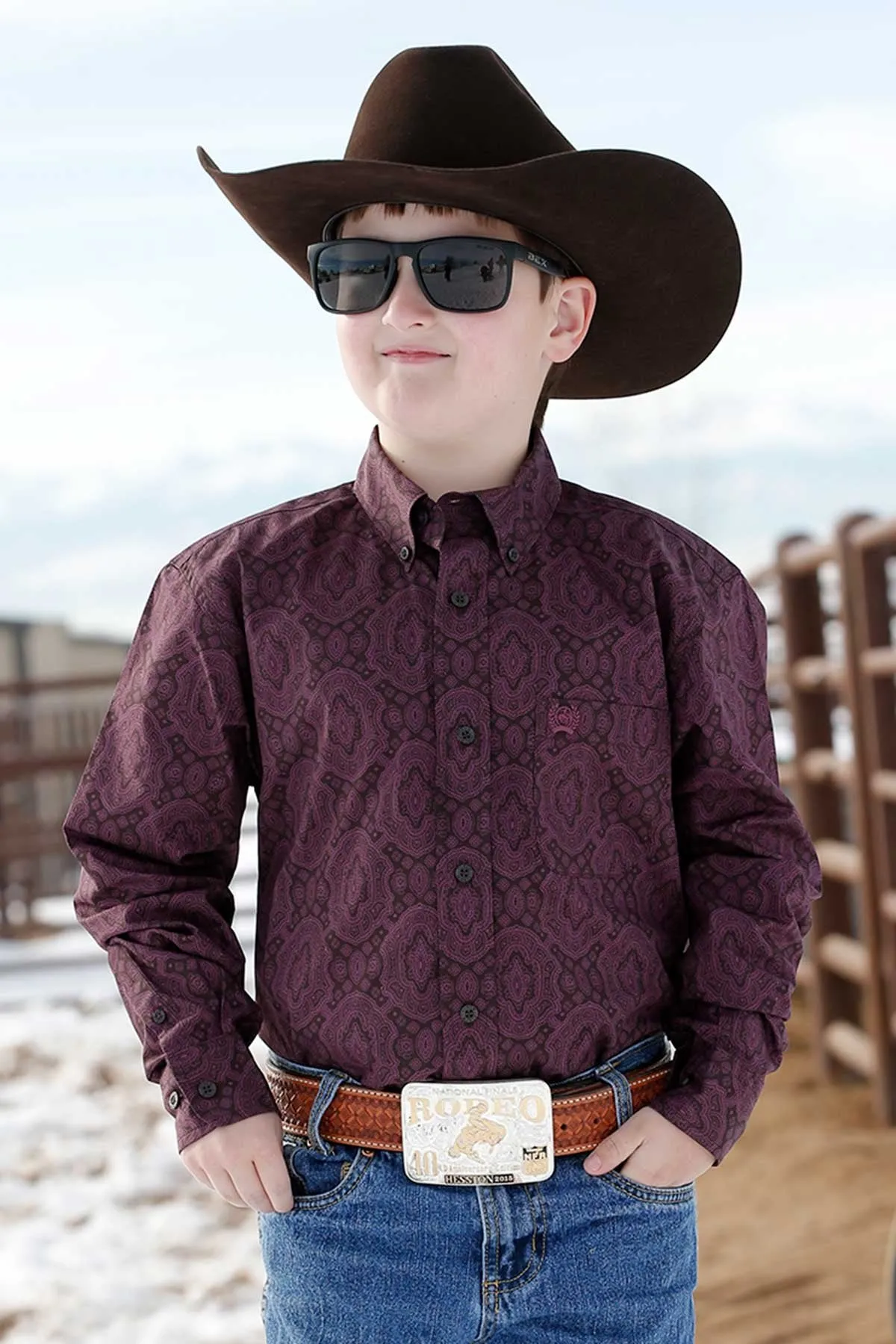 Cinch Boys Match Dad Paisley Print Button Down Western L/S Shirt - Purple - MTW7060299