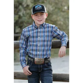 Cinch Boy's Match Dad Royal, Black and Gray Plaid Button Down Shirt