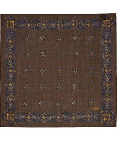 Drake's Brown Medallion Print Wool-Silk Pocket Square