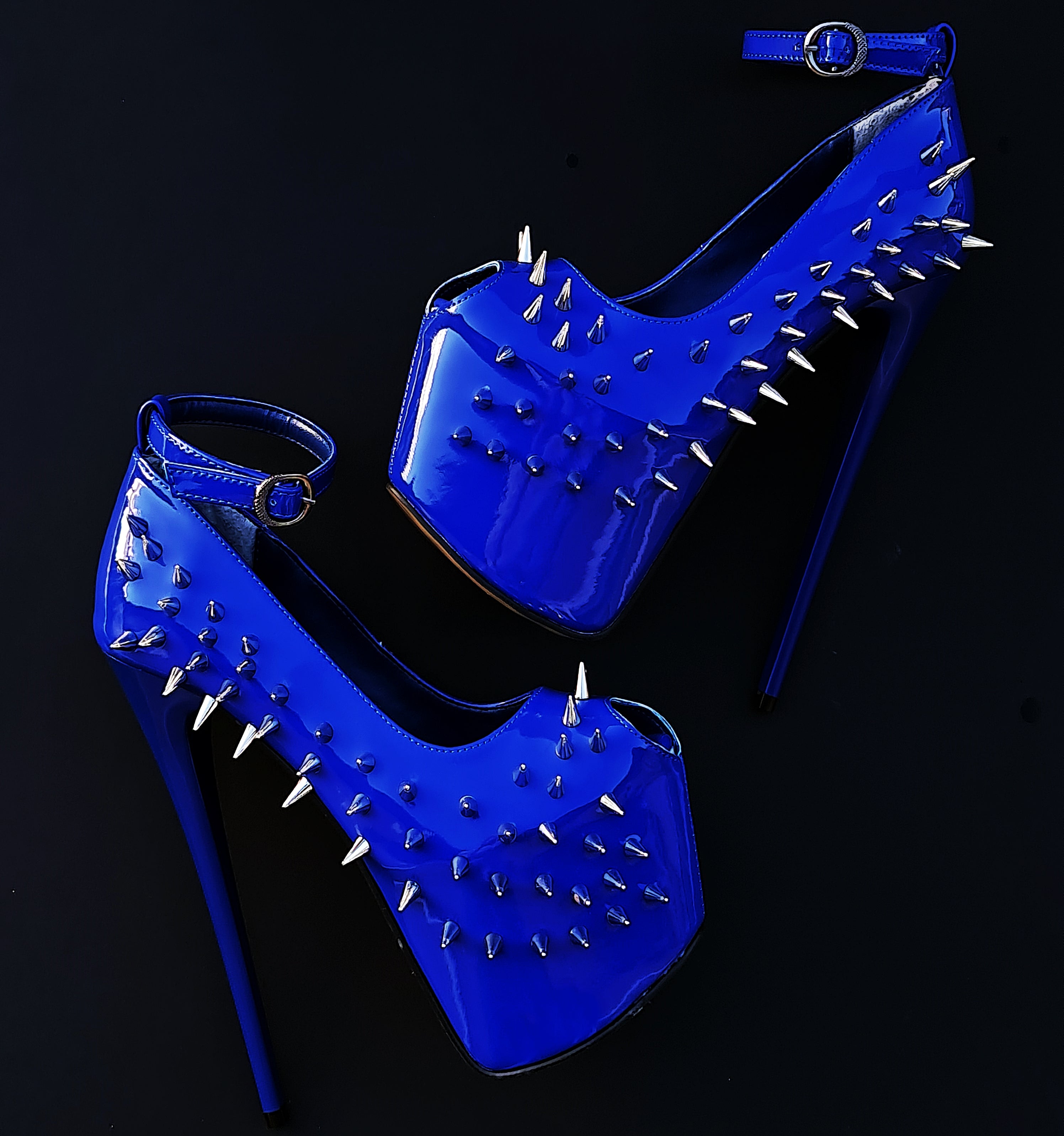 Electric Blue Gloss Spike Studded Ankle Strap Heels