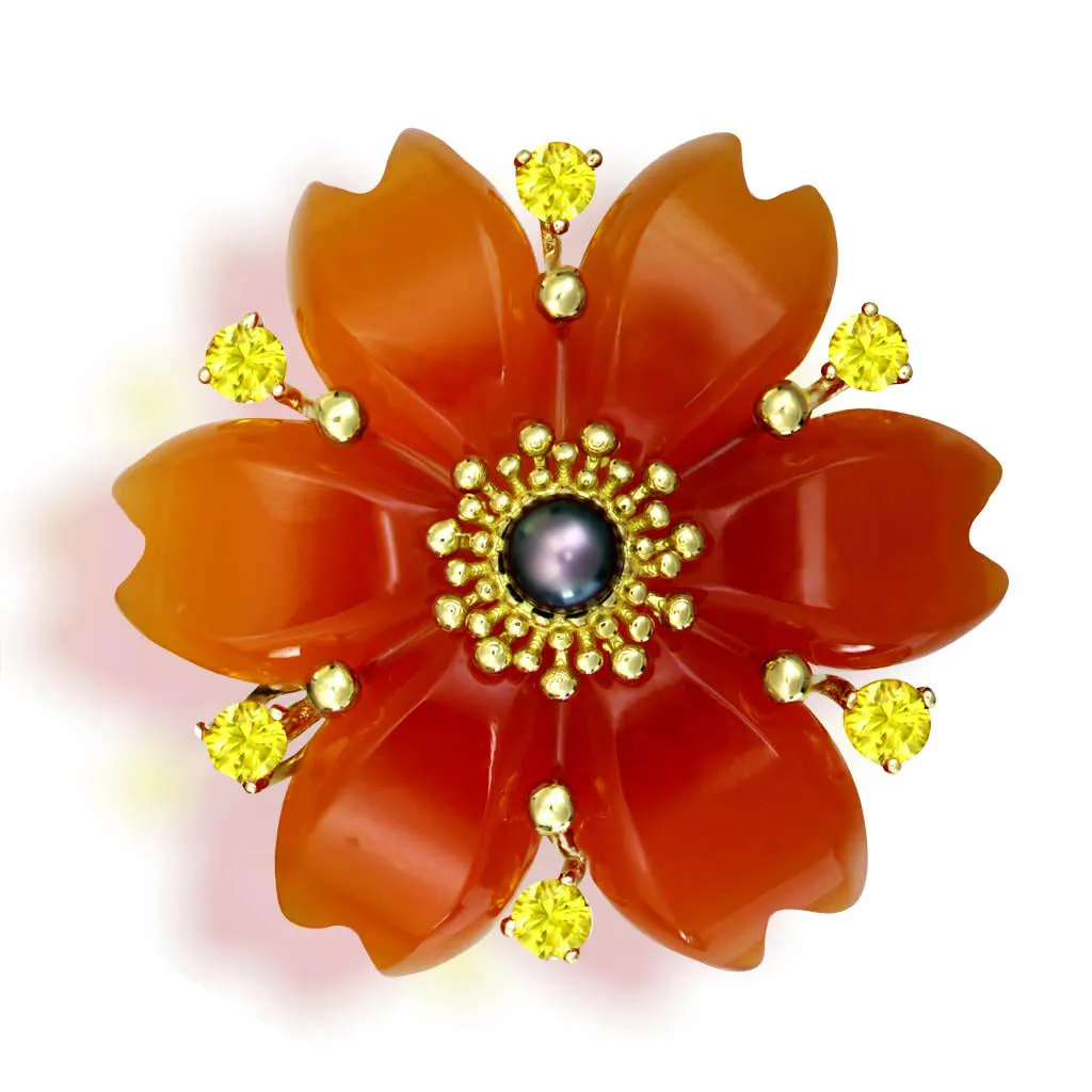 Gold Blossom Ring with Carnelian & Sapphire