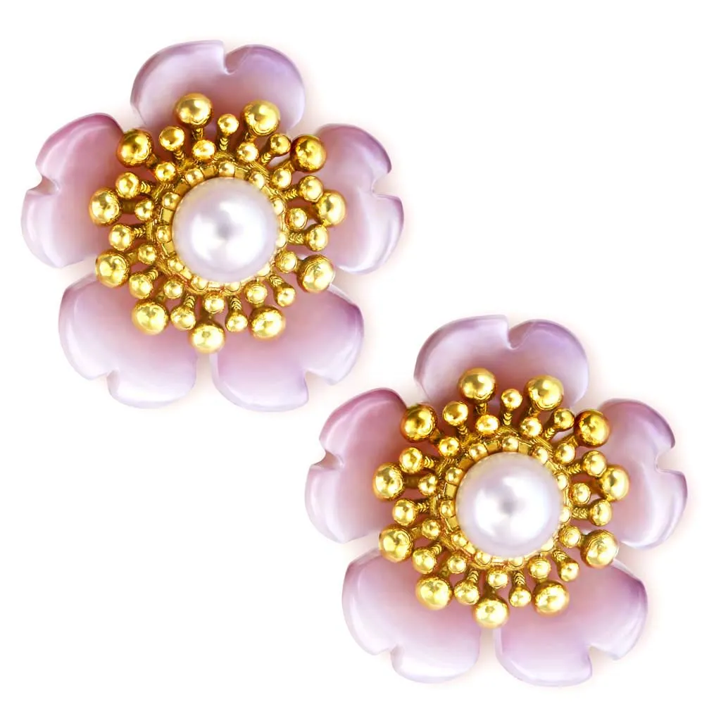 Gold Blossom Stud Earrings with Pearls