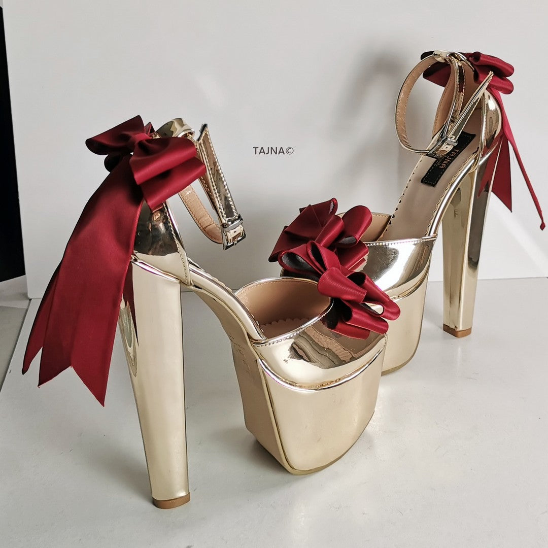 Gold Mirror Ribbon Detail Chunky Heels