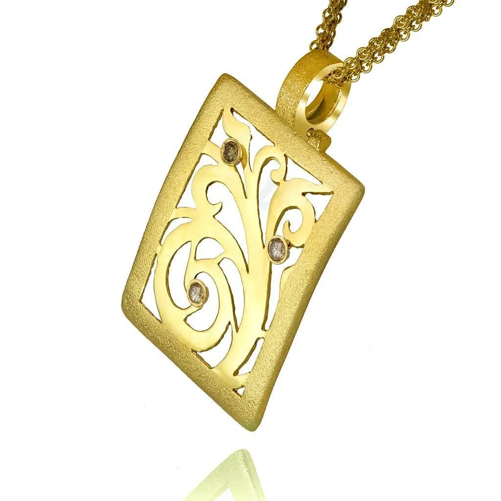 Gold Ornament Contrast Texture Pendant with Diamonds