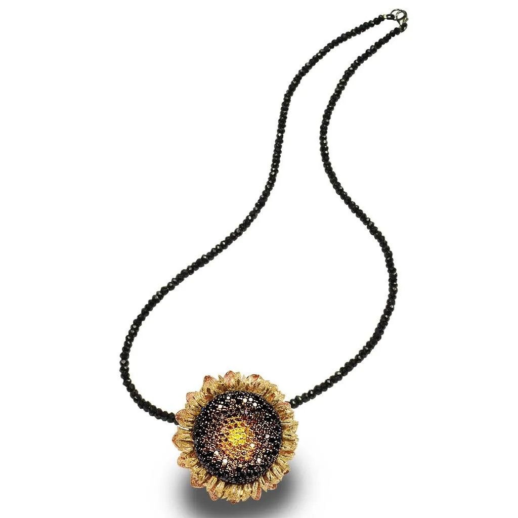 Gold Sunflower Pendant with Color Diamonds