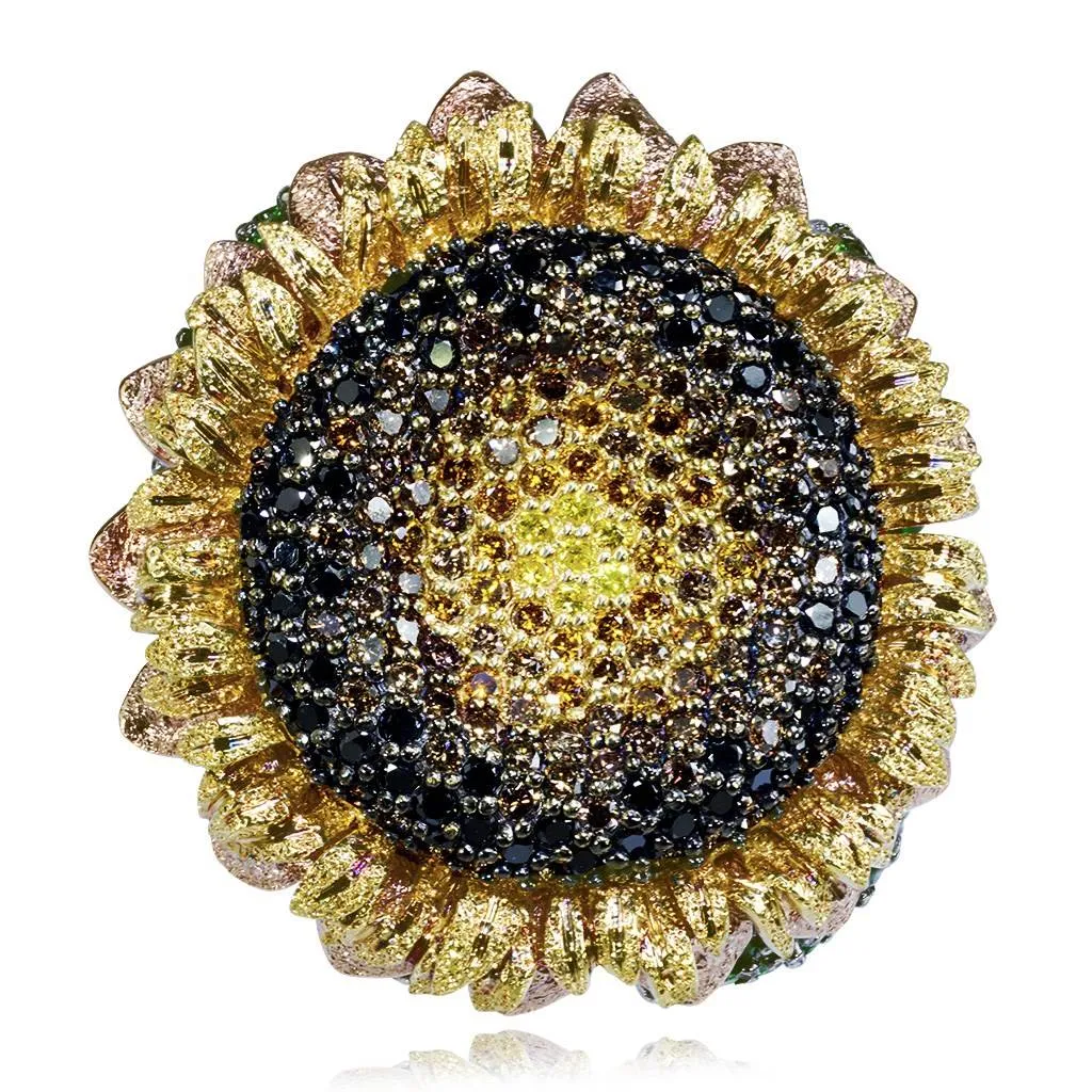 Gold Sunflower Ring with Color Diamonds