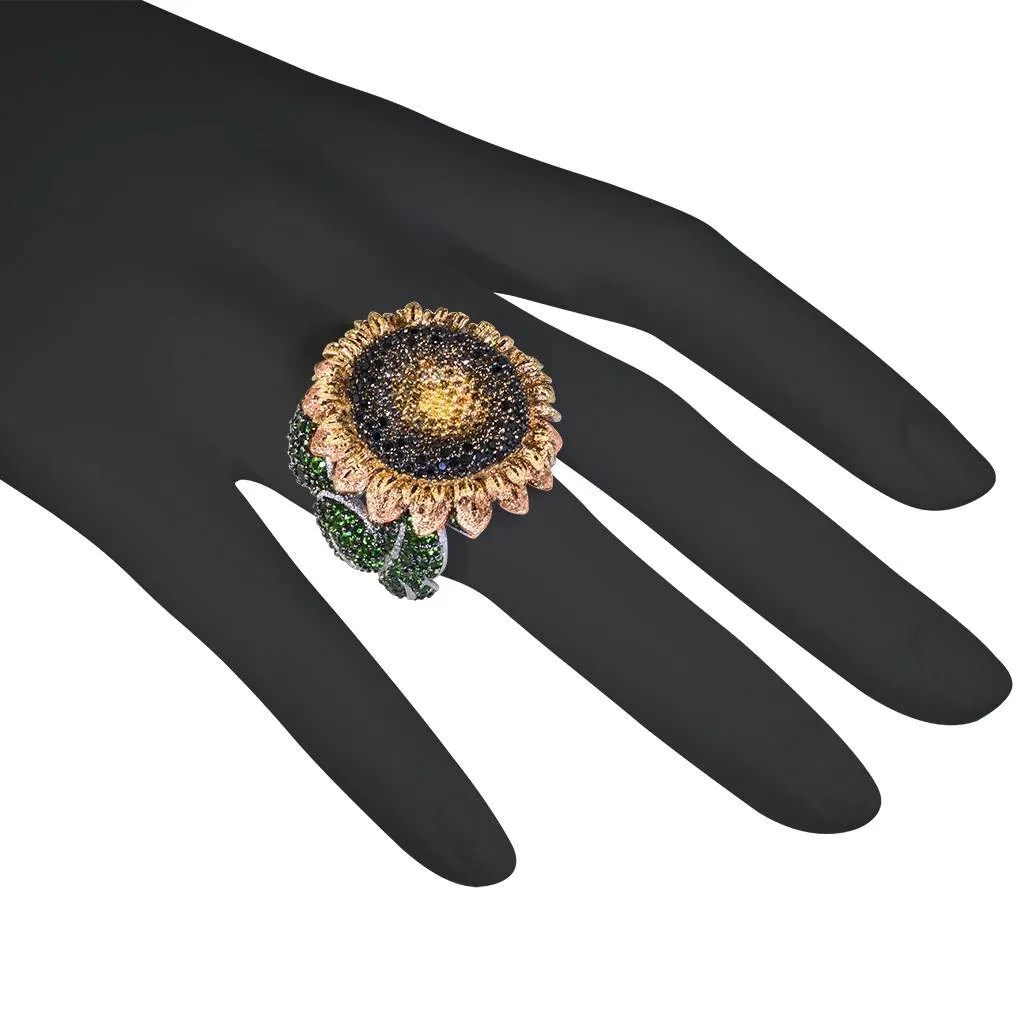 Gold Sunflower Ring with Color Diamonds