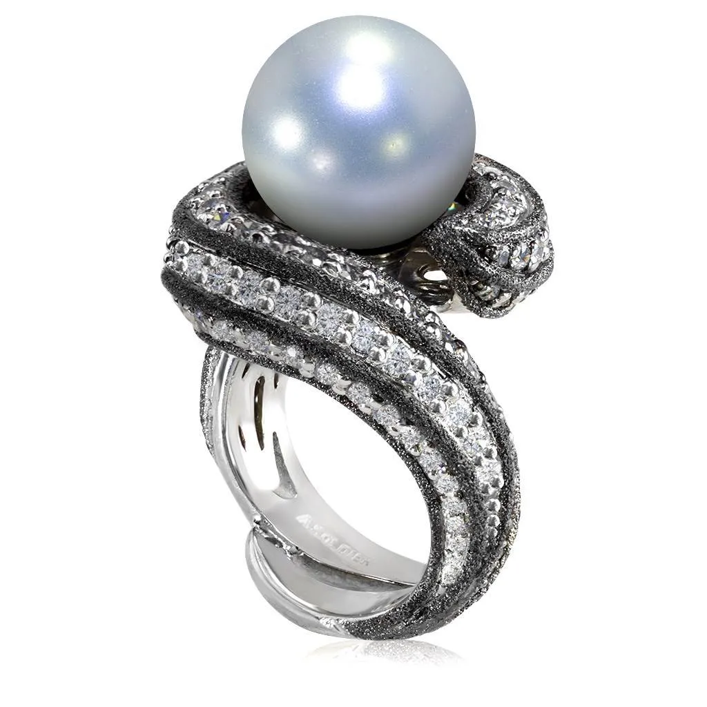 Gold Twist Ring With Pearl & White Diamonds