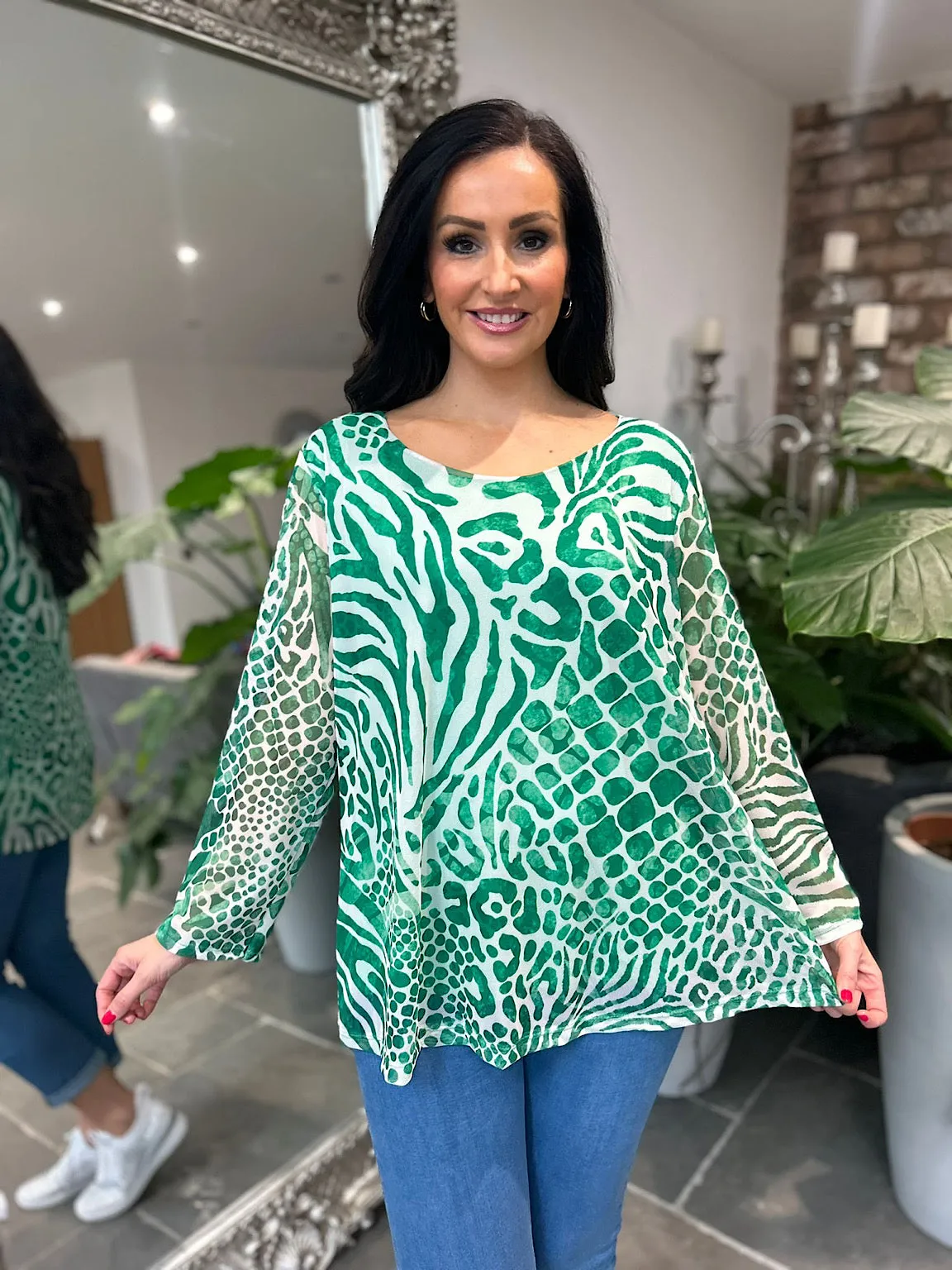 Green Multi Animal Print Mesh Top Gina