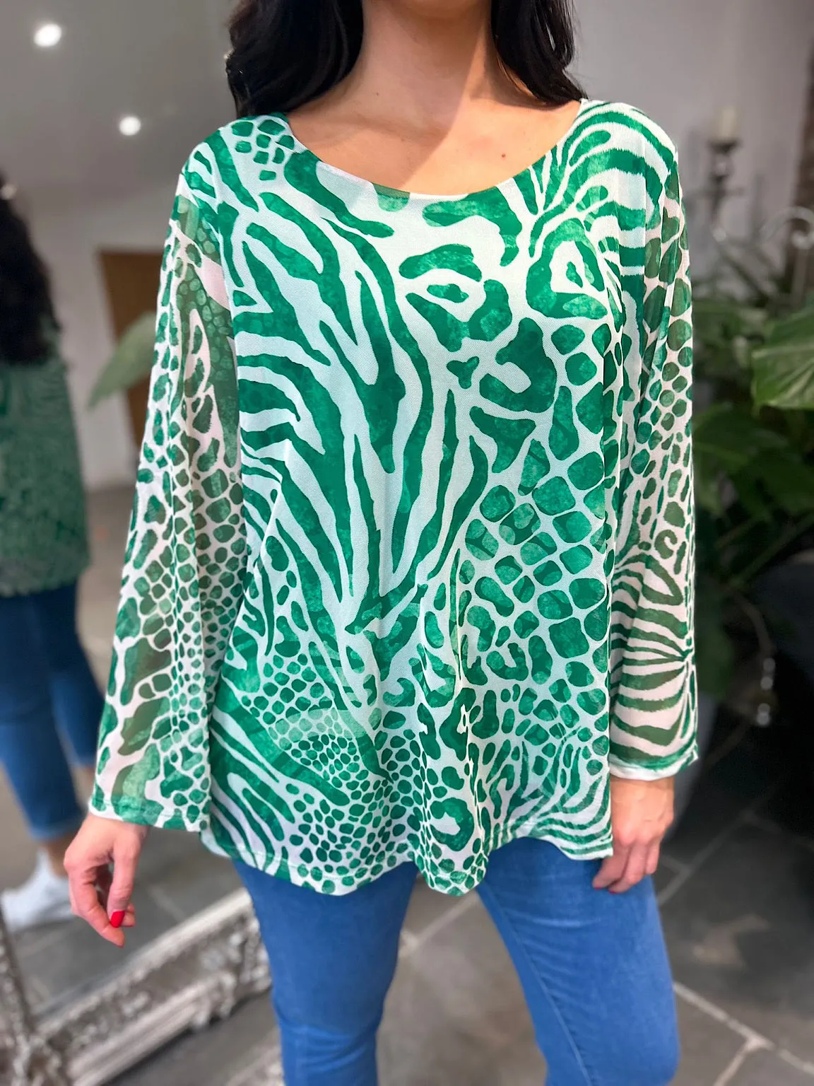 Green Multi Animal Print Mesh Top Gina