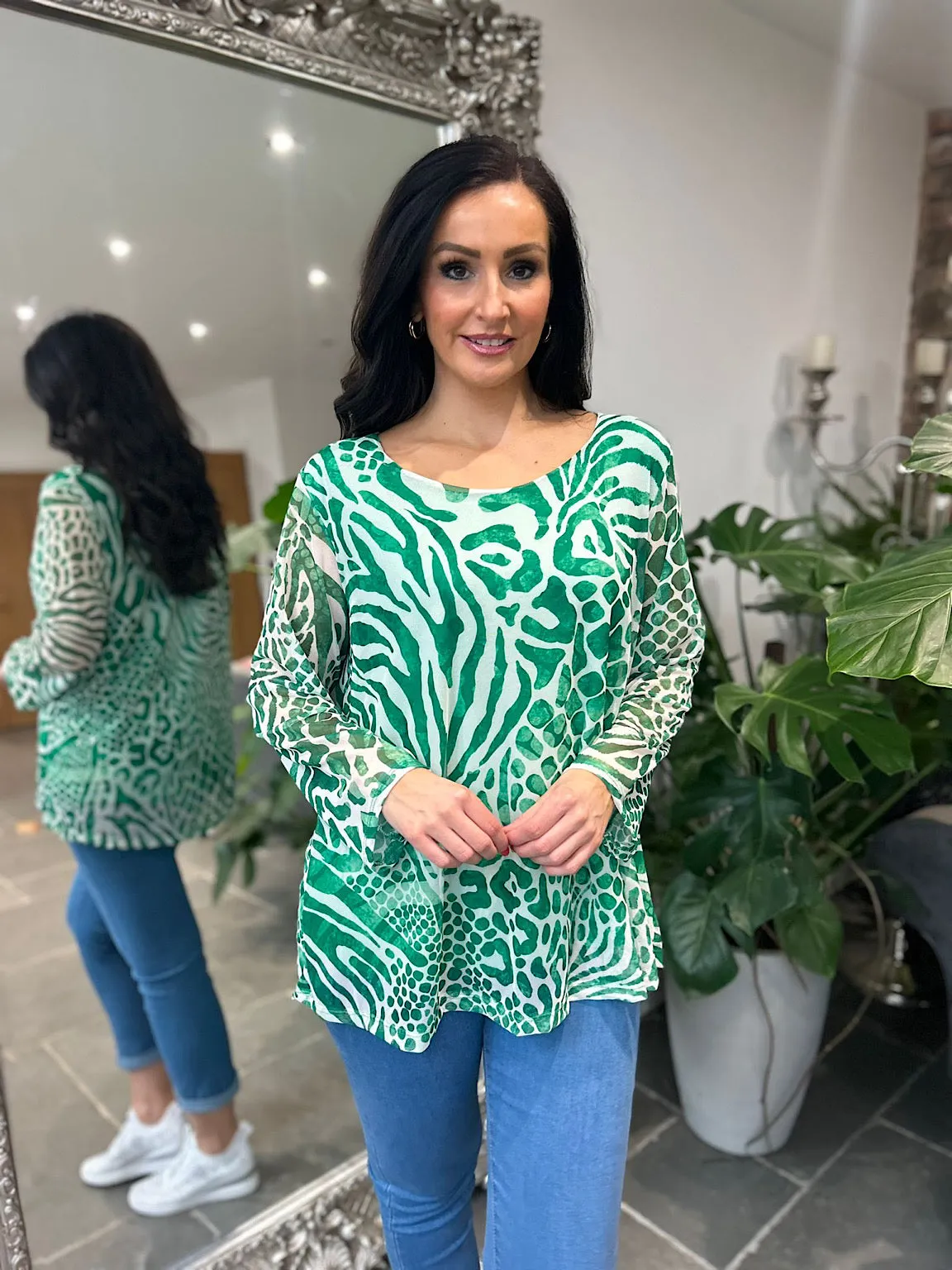 Green Multi Animal Print Mesh Top Gina