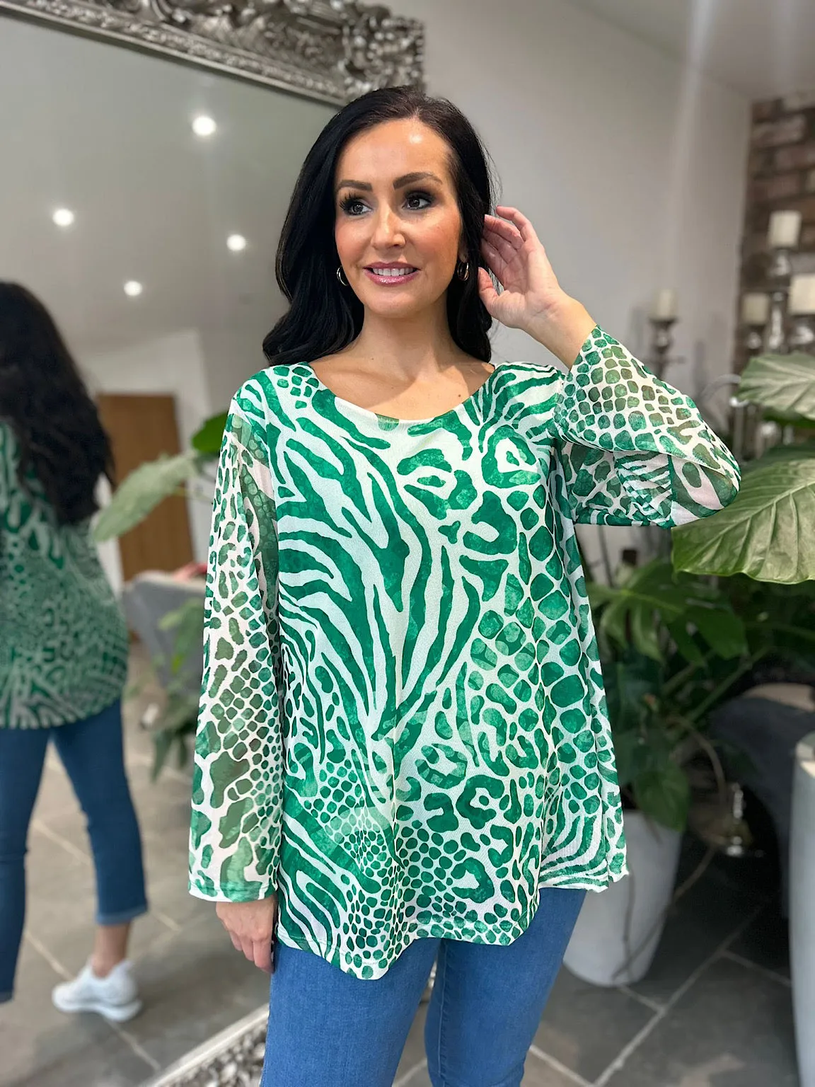 Green Multi Animal Print Mesh Top Gina