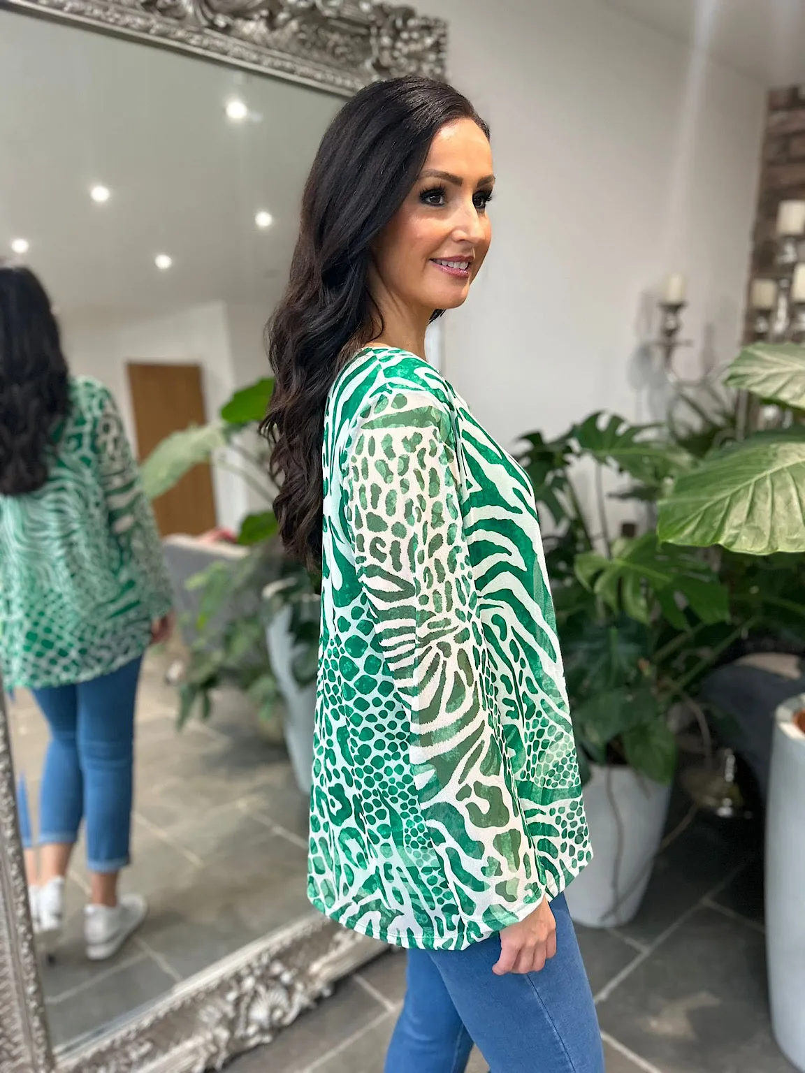 Green Multi Animal Print Mesh Top Gina