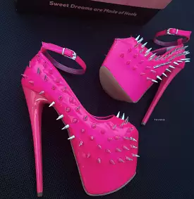 Hot Neon Pink Gloss Spike Studded Ankle Strap Heels