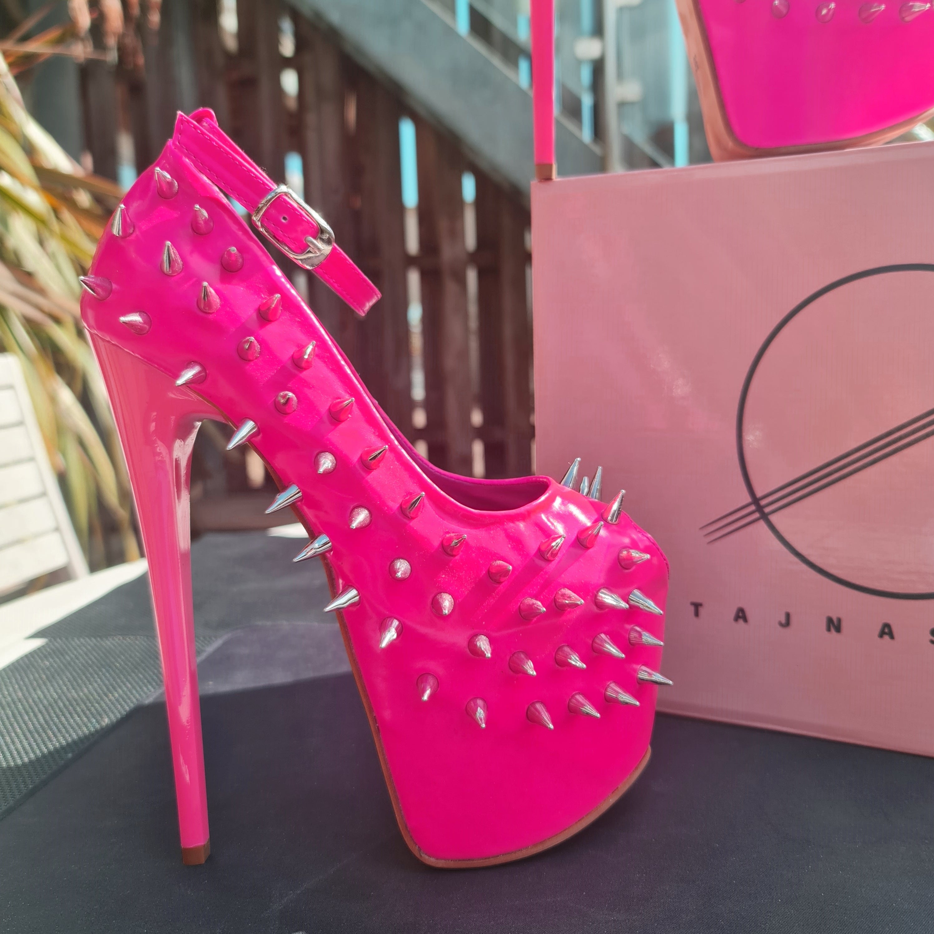 Hot Neon Pink Gloss Spike Studded Ankle Strap Heels