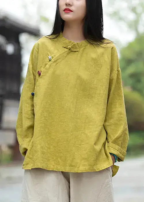 Loose Yellow Button Low High Design Linen Shirt Long Sleeve CG1044