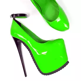 Neon Green Gloss Ankle Strap Serrated Sole Heels