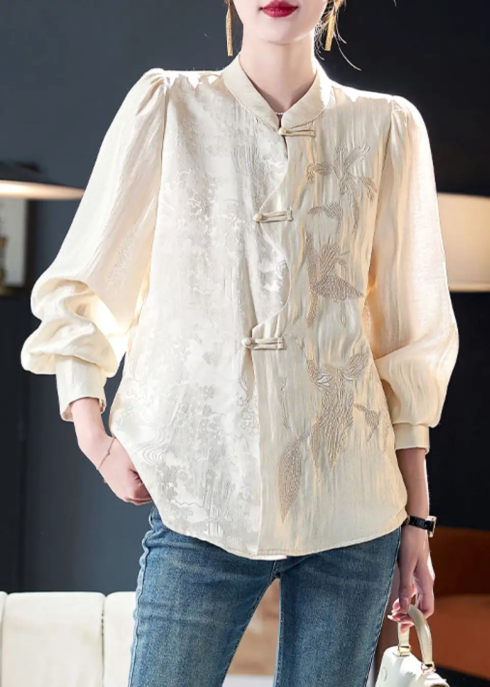 New Apricot Embroidered Button Cotton Shirt Long Sleeve QA1052