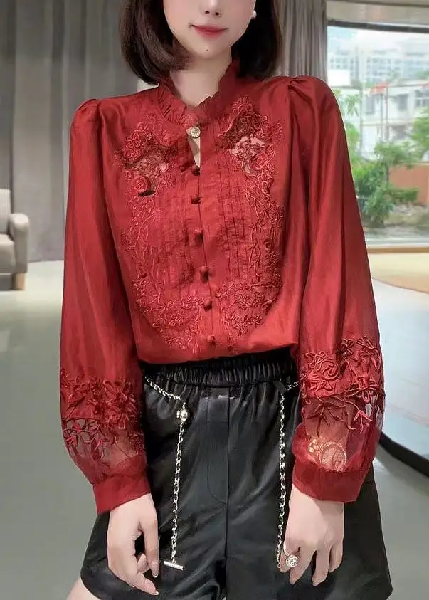 New Red Embroidered Ruffled Button Cotton Shirt Long Sleeve QA1065