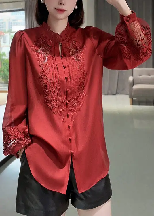 New Red Embroidered Ruffled Button Cotton Shirt Long Sleeve QA1065