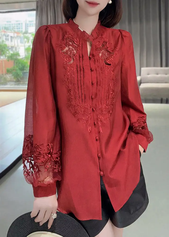 New Red Embroidered Ruffled Button Cotton Shirt Long Sleeve QA1065