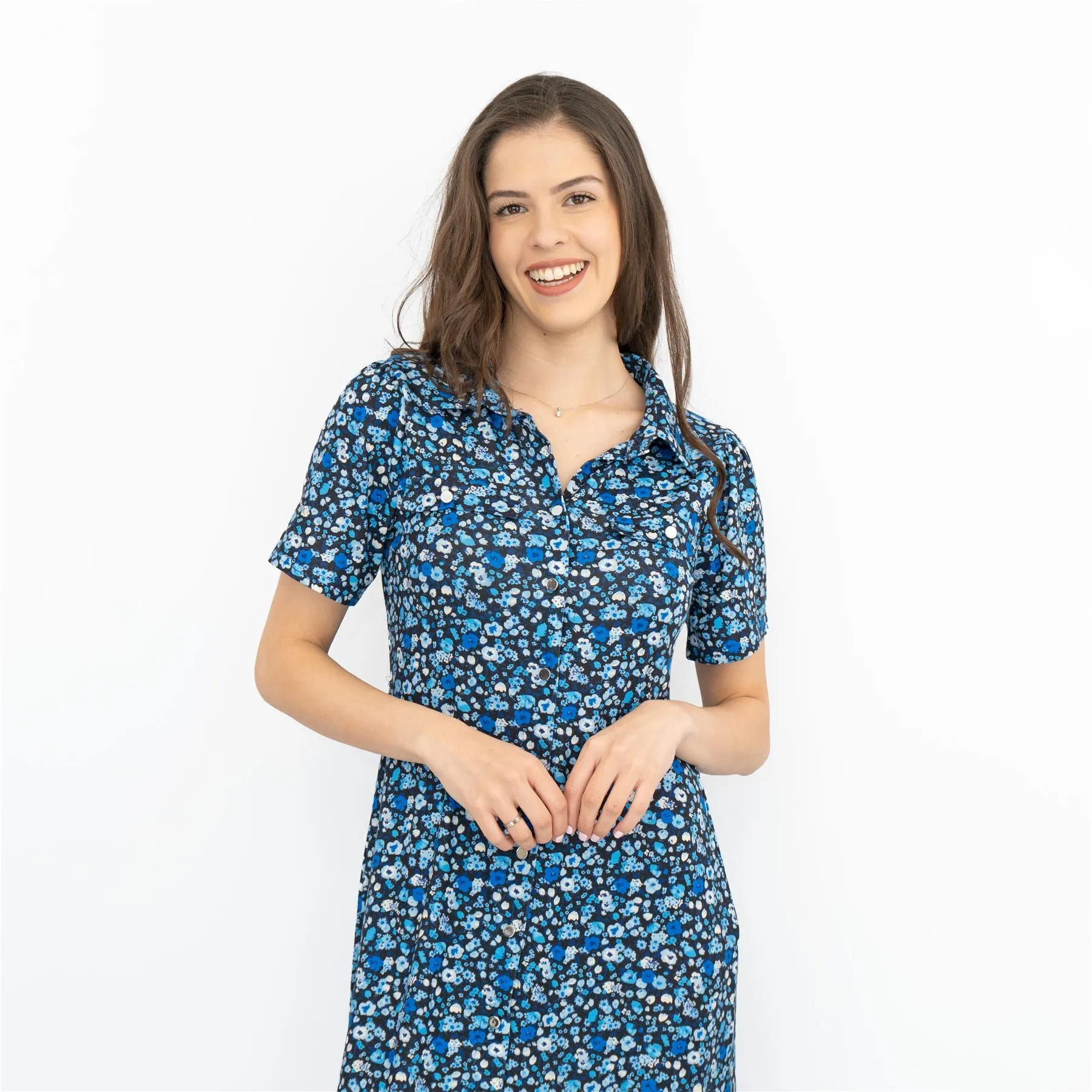 Oasis Women Dress Blue Black Floral Short Sleeve City Holiday Work Button Casual