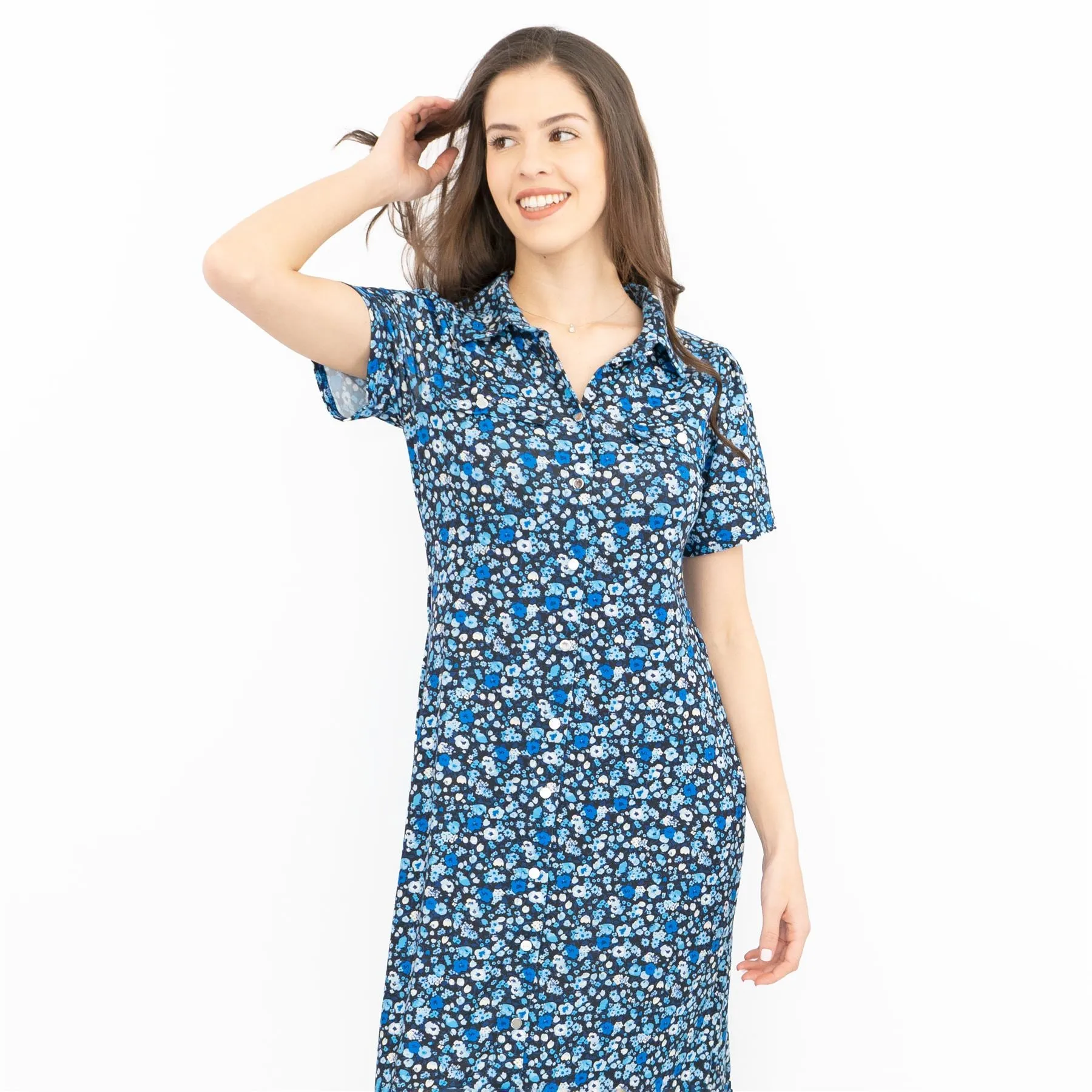 Oasis Women Dress Blue Black Floral Short Sleeve City Holiday Work Button Casual