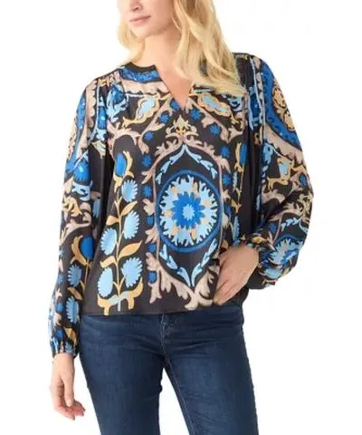 Philosophy Women's 3/4 Sleeve Medallion Print Split Neck Peasant Blouse