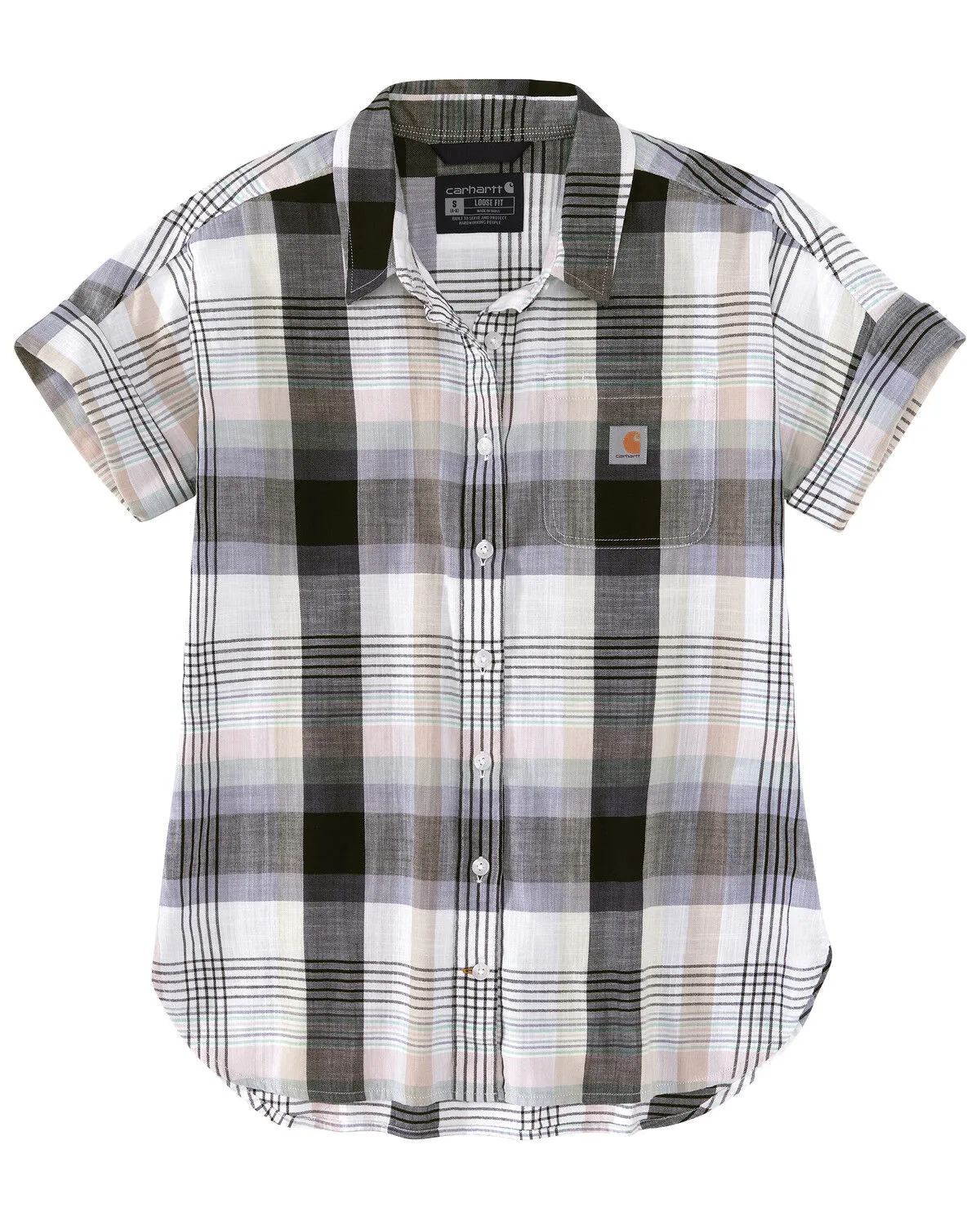 Product Name:  Carhartt Women's Loose Fit Plaid Twill Short Sleeve Button Down Work Shirt