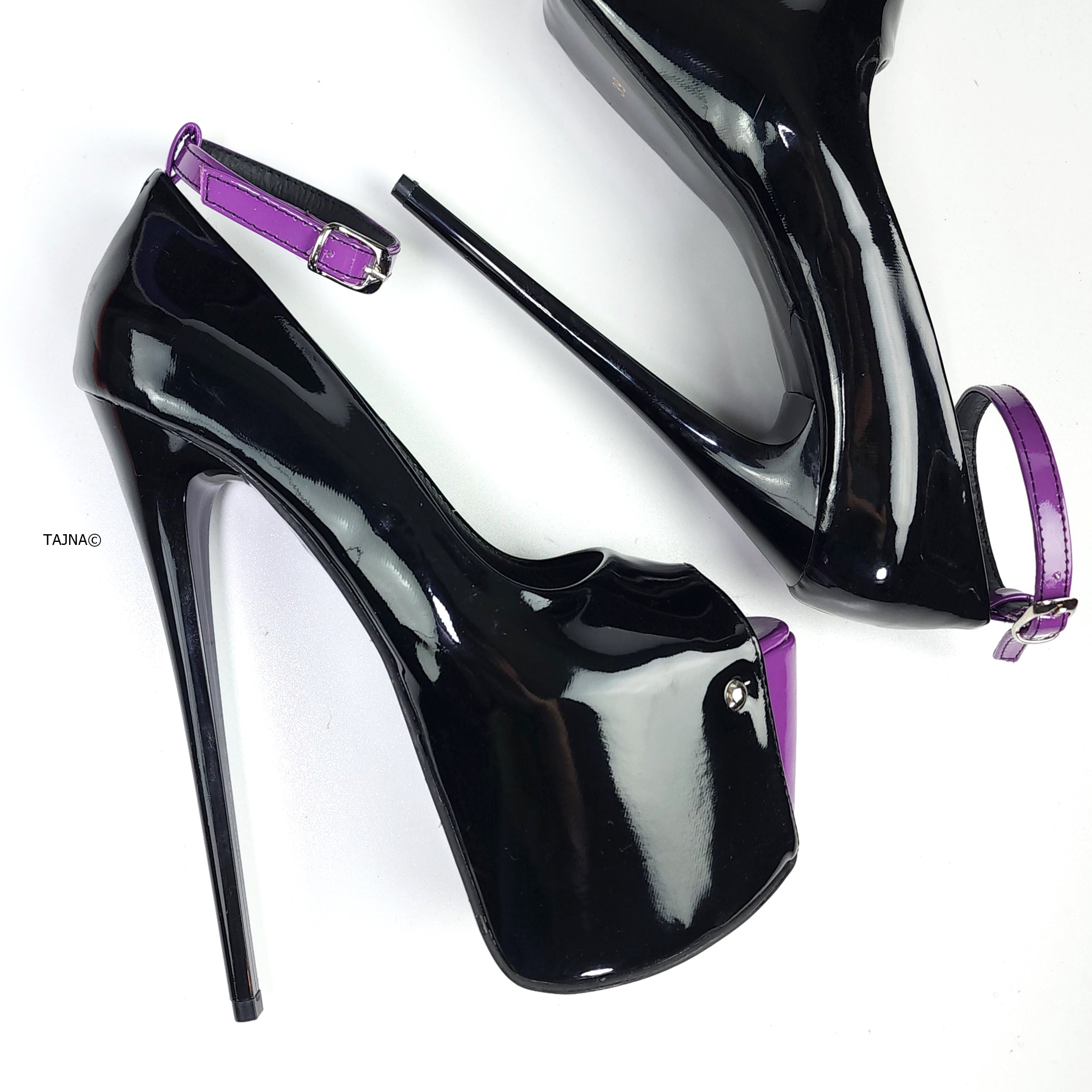 Purple Black Gloss Ankle Strap Peep Toe Heels