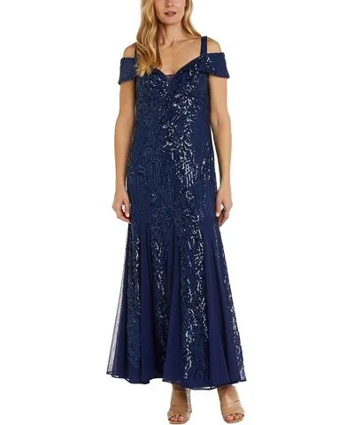 R & M Richards Womens Sequined Cold Shoulder Evening Dress