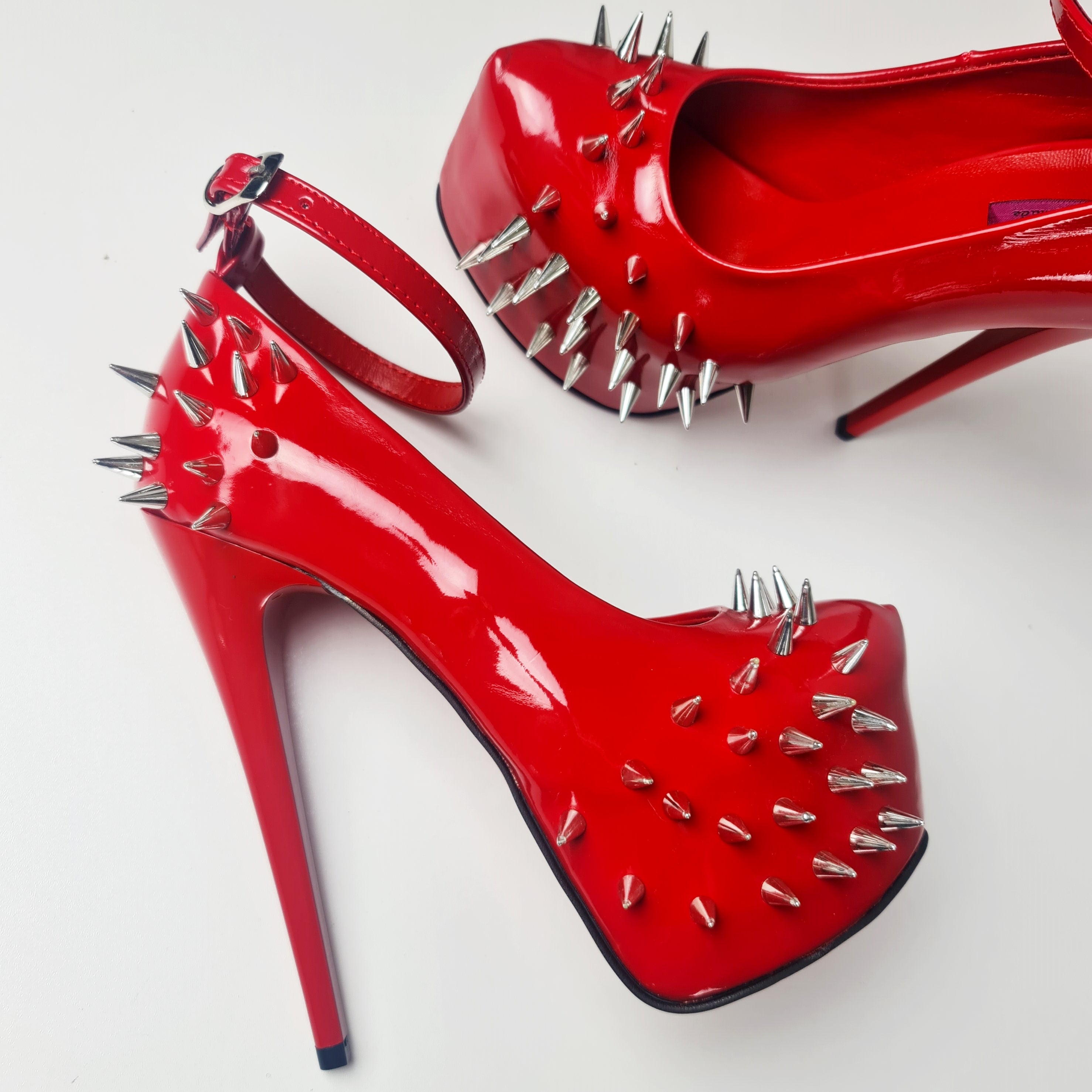 Red Gloss Spike Studded Ankle Strap Heels